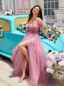 QOQ Fairy Sweet Solid Color Floral Decoration Off Shoulder Mesh High Slit Trailing Gown For Evening Party, Wedding Guests Party Dress Formal Dress Evening Dress - Pink - View 7