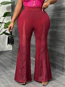 SHEIN SXY Plus Quần ống loe ren tương phản cho mùa hè - Màu Đỏ Sâu - Xem 1