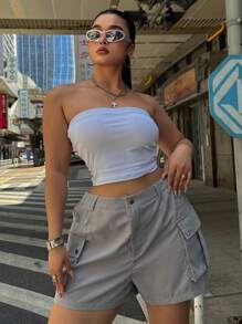 Flirla Plus Size Button Waistband Loose Casual Fashion Sports Outdoor Shorts With Pockets