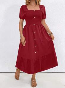 SHEIN LUNE Plus Size Women's Solid Color Simple Daily Wear Square Neck Short Sleeve Dress - Red - View 4