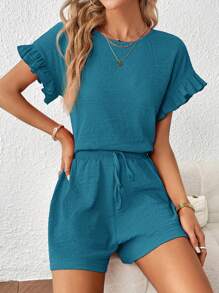 SHEIN Essnce Bộ áo ngắn tay & quần short lưng thun cho nữ, 2 chiếc - Màu xanh ngọc - Xem 3