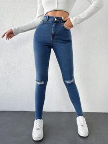 Cottnline Jeans ajustados desgarro de talle alto - Azul - Ver 3