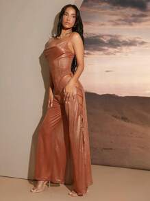 Hauture V-Neckline, Spaghetti Straps, Criss-Cross Back, Side Slit, Loose Fit, High Waist Jumpsuit