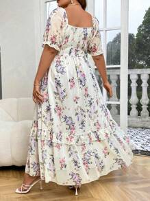 SHEIN Clasi 大码浪漫雪纺印花泡泡袖连衣裙长款女装 - 彩色 - 查看 2