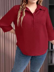 EMERY ROSE 大码纯色休闲衬衫，春夏 - 酒紅色 - 查看 4