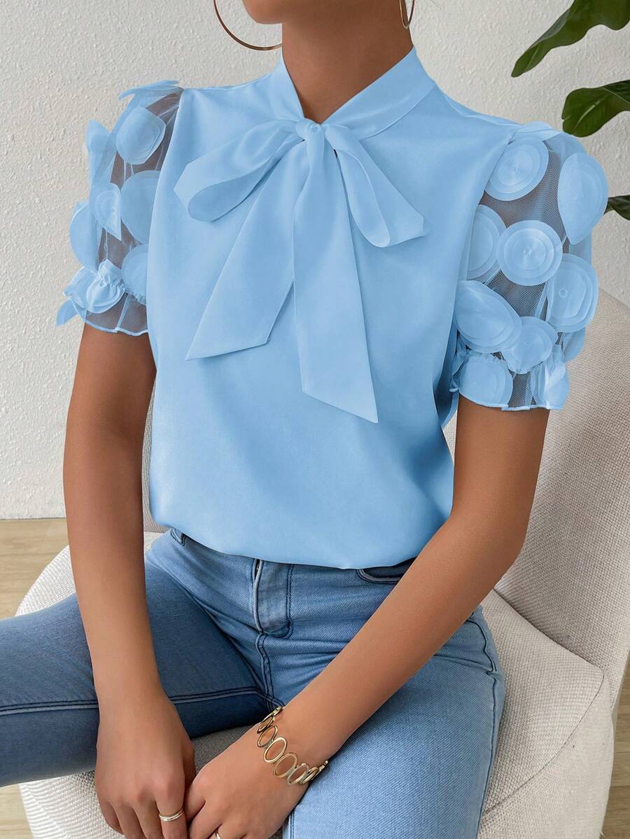 SHEIN Clasi 女式系带短袖衬衫，短袖上衣