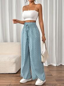 SHEIN Frenchy Pantalones holgados cruzados con estampado total, cintura nudo y dobladillo de tulipán en las piernas anchas - Celeste - Ver 1