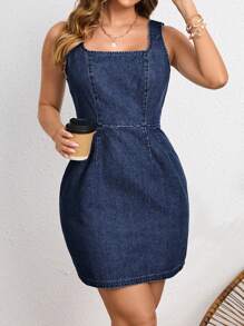 SHEIN Essnce Square Neck Zip Back Denim Dress - Dark Wash - View 6