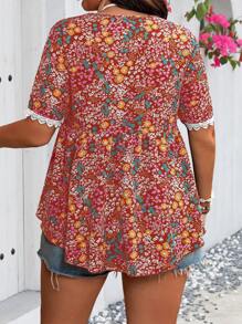 Flirla Plus Size Women's Random Printed Short Sleeve Shirt - Red - View 2