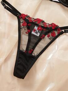 女款黑紅色刺繡性感內衣套裝，2件 - 黑色 - 查看 4