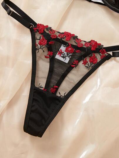 Esselle Zwart Rood Geborduurde Verleidelijke Lingerie Set, view 4