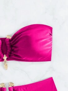 SHEIN Swim 女士纯色简约日常比基尼上衣夏季 - 玫紅色 - 查看 6