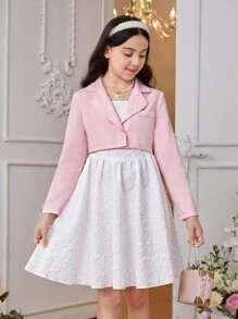 SHEIN 少女优雅可爱蝴蝶结西装外套和吊带裙套装 - 彩色 - 查看 2