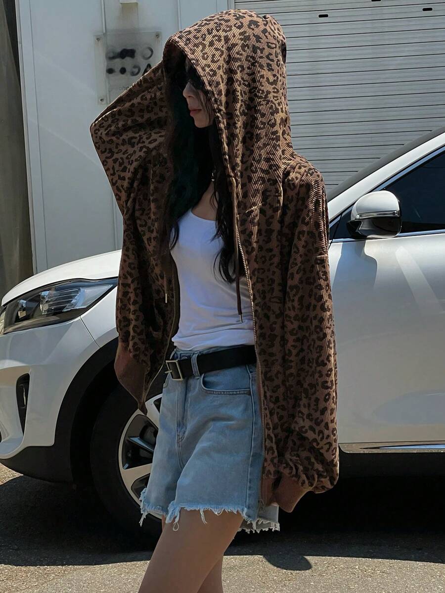 DAZY 豹纹落肩拉链连帽衫，长袖上衣运动衫夹克 - 棕色 - 查看 1