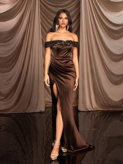 Glamrae Elegant Brown Off Shoulder Sequin Patchwork Bustier High-Waist Side Pleats Slim-Fit Side Slit Floor-Length Mermaid Dress - Perfect For Dating, Single Vacation, Parties, Graduation, Weddings, Special Occasions, Formal Dinners And Balls Prom Evening Wedding Guest Gown Party Dress