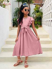 SHEIN Tween Girl Tkana wiosenna sukienka z okrągłym dekoltem, wakacyjna, swobodna mini sukienka z krótkim rękawem - Słodki róż - Zobacz 6