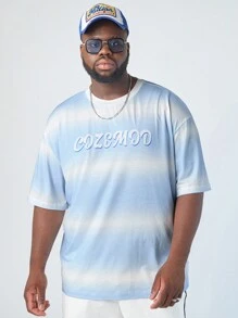 Manfinity NXTstreet Manfinity CozeMod Men's Plus Size Casual Knitted Ombre Letter Print Drop-Shoulder Round Neck Short Sleeve T-Shirt, Suitable For Summer Daily Wear