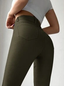 SHEIN Cottnline Solid Cropped Skinny Jeans - Dark Green - View 4