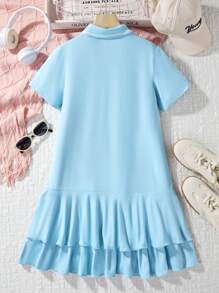 SHEIN Girls' College Style Polo Neck Casual Short Sleeve Dress, Summer Holiday