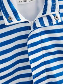 SHEIN Young Boy Navy Style Striped Long Sleeve Collar Casual Outdoor Sports Vacation Jacket, Autumn/Winter Back To School Season