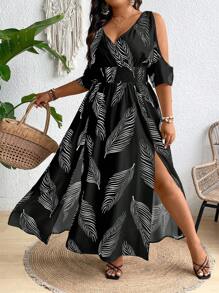 Vestido con estampado tropical con hombros descubiertos y abertura en el muslo para mujer, para el verano