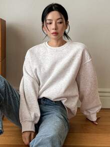 Dazy-Less 落肩保暖衬里运动衫，长袖上衣，复古风格，秋季服装 - 淺灰色 - 查看 11
