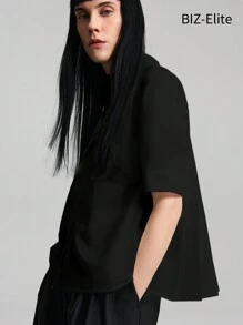Ontre 夏季女士休闲纯色后背褶皱衬衫 - 黑色 - 查看 1