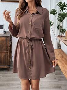 SHEIN LUNE Spring/Summer Casual Waist-Tied Shirt Dress With Metal Buckle Sleeve Roll-Up Design - Brown - View 4