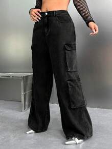 SHEIN EZwear Jeans casuales holgados de pierna ancha negro talla grande para mujer con diseño tipo novio y múltiples bolsillos de carga - Negro - Ver 4