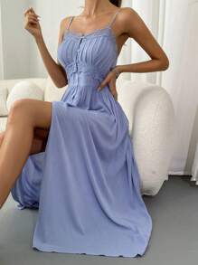 Contrast Lace Split Thigh Cami Pajama Nightdress, Vacation