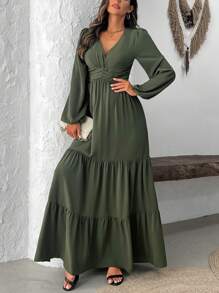 SHEIN Clasi 女士纯色简约日常长袖连衣裙长款女装 - 綠色 - 查看 5