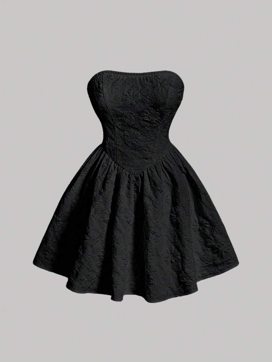 SHEIN MOD Jacquard Fit & Flare Tube Dress - Black - View 1