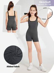 SHEIN Tween Girls' Dark Gray Colorblock Tank Romper, Yoga - Dark Grey - View 1