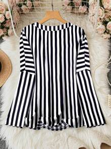 SHEIN LUNE Áo sơ mi nữ sọc chữ A cổ chữ V mùa hè - Đen và trắng - Xem 2