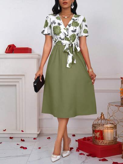 Lyxana Women's Printed Simple Daily Short Sleeve Dress Maxi Women Outfit