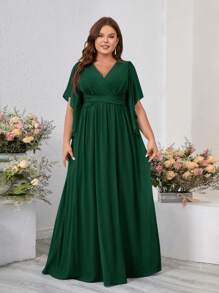 SHEIN Belle Plus Size Ruffle Bridesmaid Dress, Cross Waist And Ruffled Neckline Elegant Dress
