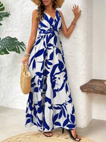 Breezaya Women's Vacation Plant Printed V-Neck Waist Pleated Sleeveless Long Casual Dress Maxi Vacation Beach Outfit - Multicolor - View 7