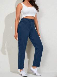 EURMUSE Plus Size  Solid Color Front Button Multiple Pockets Long Pants, Daily Casual - Medium Wash - View 3