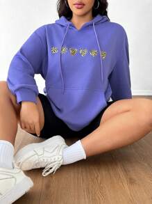 SHEIN EZwear 加大码豹纹爱心图案连帽卫衣，女式卫衣 - 紫色 - 查看 6