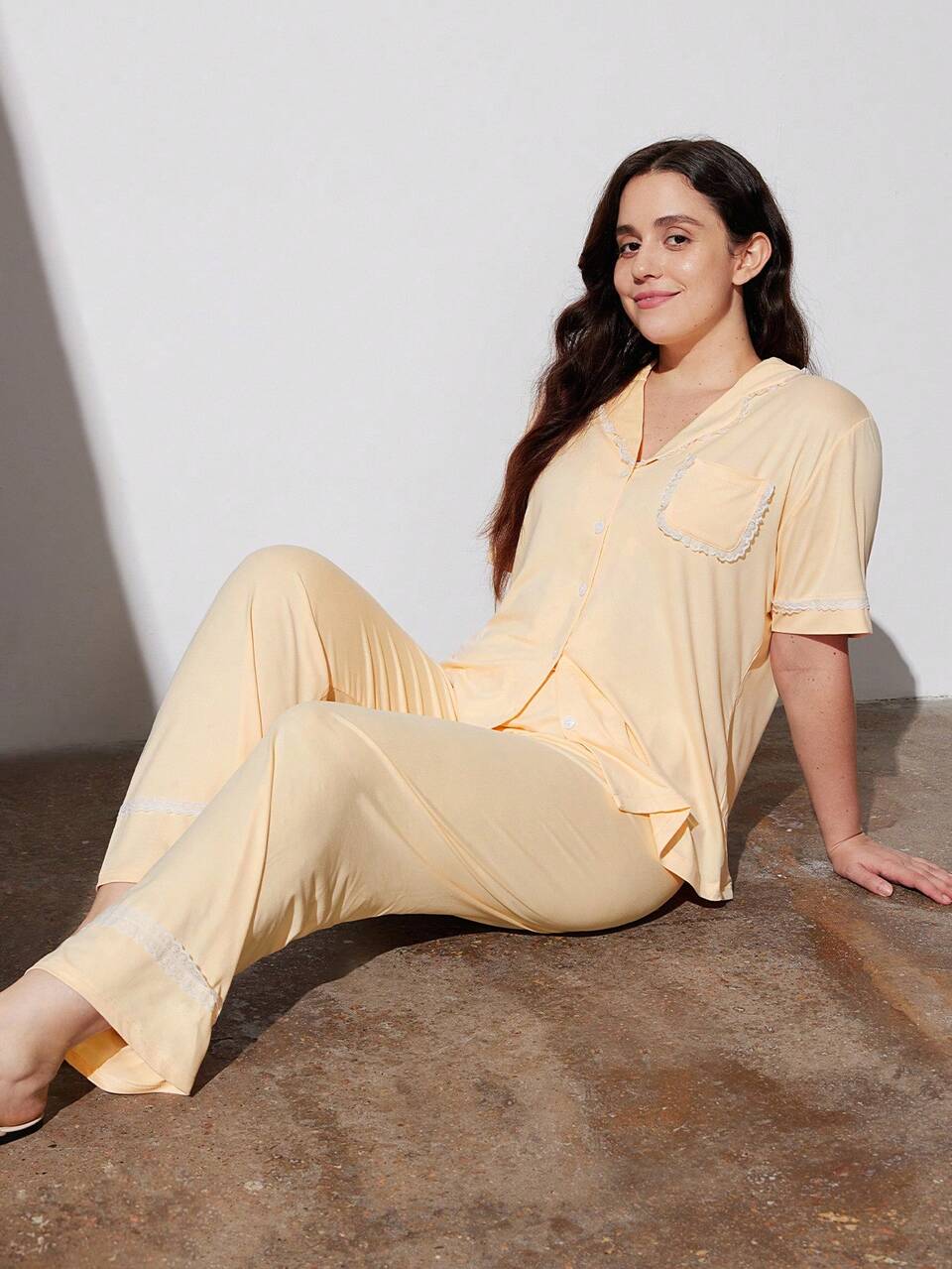 Yellow Soft Lace Elegance  Trim Button-Up Top & Pants Loungewear Pajama Set Pants With Pockets Lounge Sets For Women Lingerie
