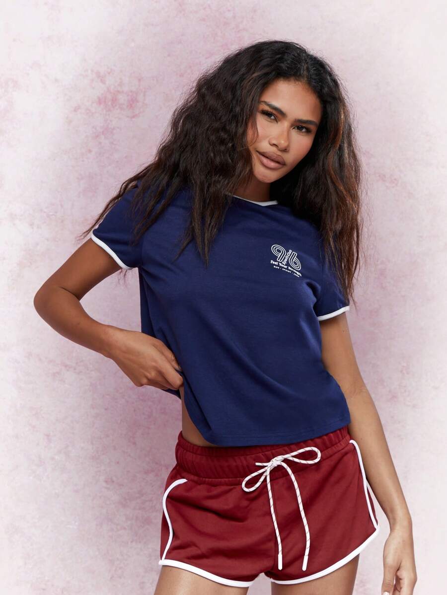 MISSGUIDED 印花撞色绑带 T 恤 - 藏蓝色 - 查看 1