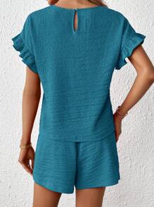 SHEIN Essnce Bộ áo ngắn tay & quần short lưng thun cho nữ, 2 chiếc - Màu xanh ngọc - Xem 2