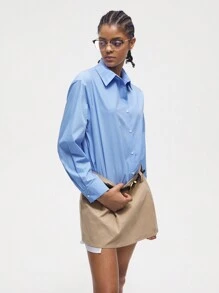 Maija Conjunto de dos piezas para mujer de camisa larga de manga larga diaria y falda de unicolor simple - Azul - Ver 7