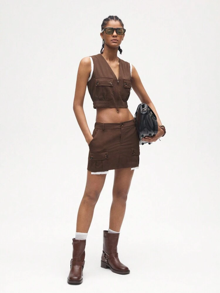 SHEIN Maija 2pcs Khaki Back To School Outfit Contrast Trim Zipper Pockets Sleeveless Top And Skirt Cargo Design Set For Women