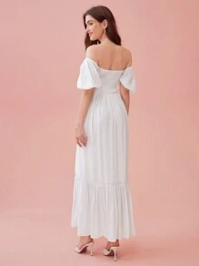 Enchnt Đầm tay phồng trễ vai mùa hè thanh lịch dành cho nữ - trắng - Xem 2