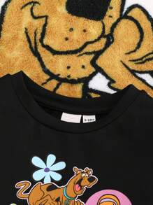 SCOOBY-DOO X SHEIN 女婴酷炫黑色休闲圆领T恤和粉色卡通印花喇叭裤套装 - 彩色 - 查看 4