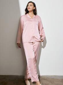 LUVLETTE Conjunto de pijama longo feminino rosa básico de cetim com botões, ideal para usar em casa, para noivas, para o outono, para a primavera e o verão. - Baby Rosa - Ver 5