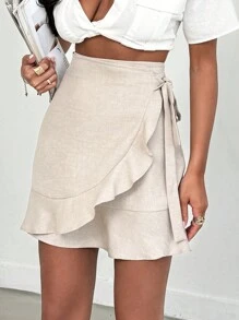 EURMUSE Women Mini Beige Ruffle Trim Wrap Skirt - Beige - View 4
