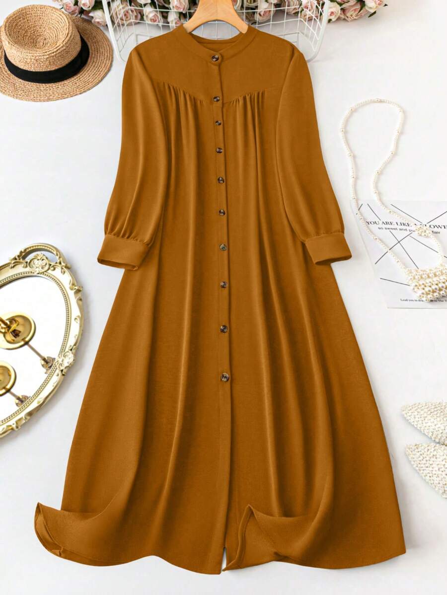 EMERY ROSE Plus Size Round Neck Buttoned Pleated Long Sleeve Solid Color Simple Loose Comfortable Elegant Gentle Dress Maxi Women Outfit Fall Cloth For Women - Yellow - View 1