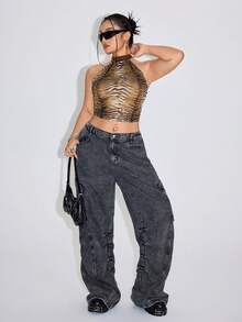 SHEIN ICON Plus Size Stand Collar Retro Animal Print Mesh Tight Tank Top - Brown - View 6